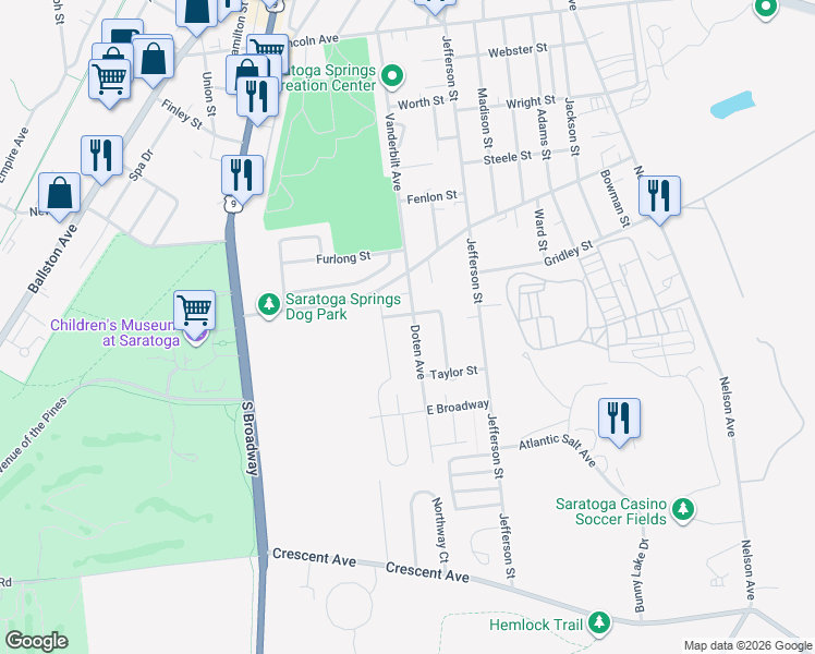 map of restaurants, bars, coffee shops, grocery stores, and more near 25 Doten Avenue in Saratoga Springs