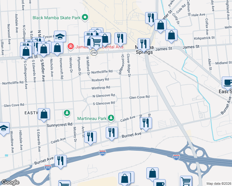 map of restaurants, bars, coffee shops, grocery stores, and more near 1251 North Glencove Road in Syracuse