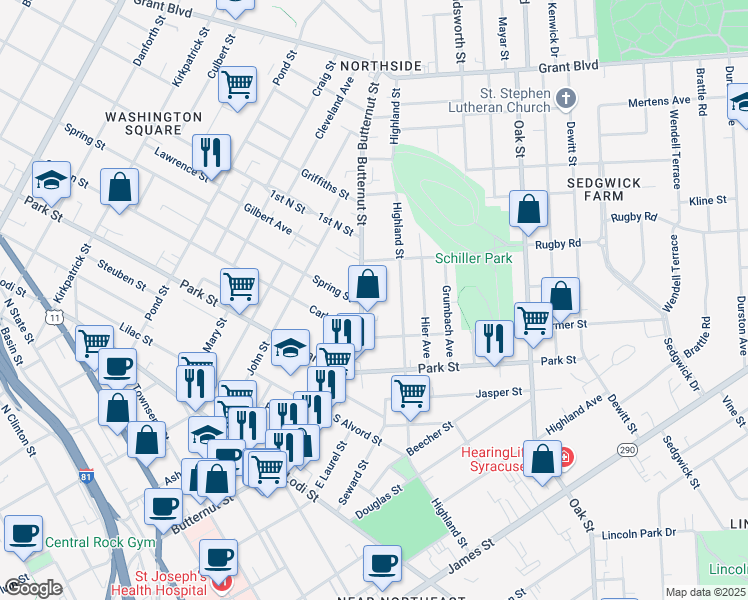 map of restaurants, bars, coffee shops, grocery stores, and more near 1020 Butternut Street in Syracuse