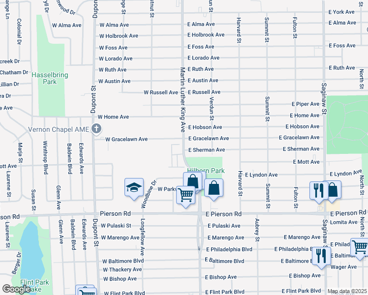 map of restaurants, bars, coffee shops, grocery stores, and more near 102 East Sherman Avenue in Flint