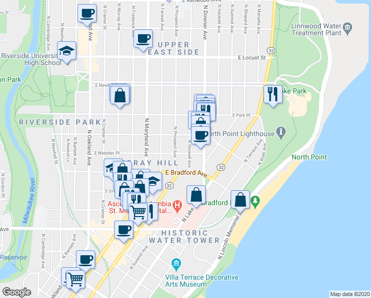 map of restaurants, bars, coffee shops, grocery stores, and more near 2502 East Webster Place in Milwaukee