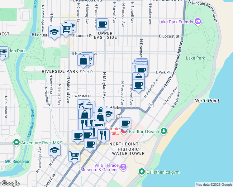 map of restaurants, bars, coffee shops, grocery stores, and more near 2555 North Farwell Avenue in Milwaukee