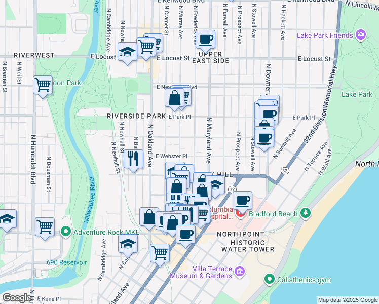 map of restaurants, bars, coffee shops, grocery stores, and more near 2014 East Webster Place in Milwaukee