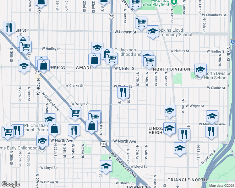 map of restaurants, bars, coffee shops, grocery stores, and more near 2536 North 19th Street in Milwaukee
