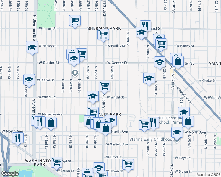 map of restaurants, bars, coffee shops, grocery stores, and more near 2528 North 35th Street in Milwaukee