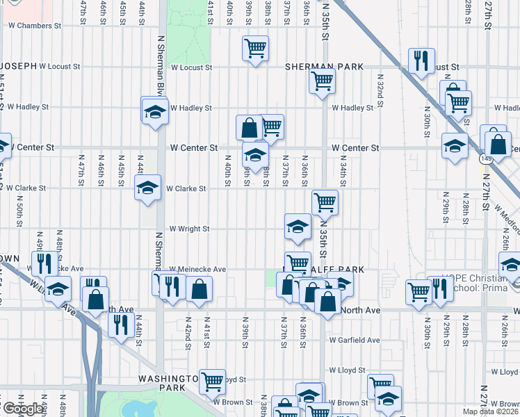 map of restaurants, bars, coffee shops, grocery stores, and more near 2533 North 38th Street in Milwaukee