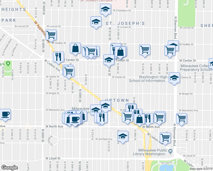 map of restaurants, bars, coffee shops, grocery stores, and more near 2531 North 51st Street in Milwaukee