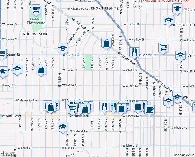 map of restaurants, bars, coffee shops, grocery stores, and more near 2527 North 63rd Street in Wauwatosa