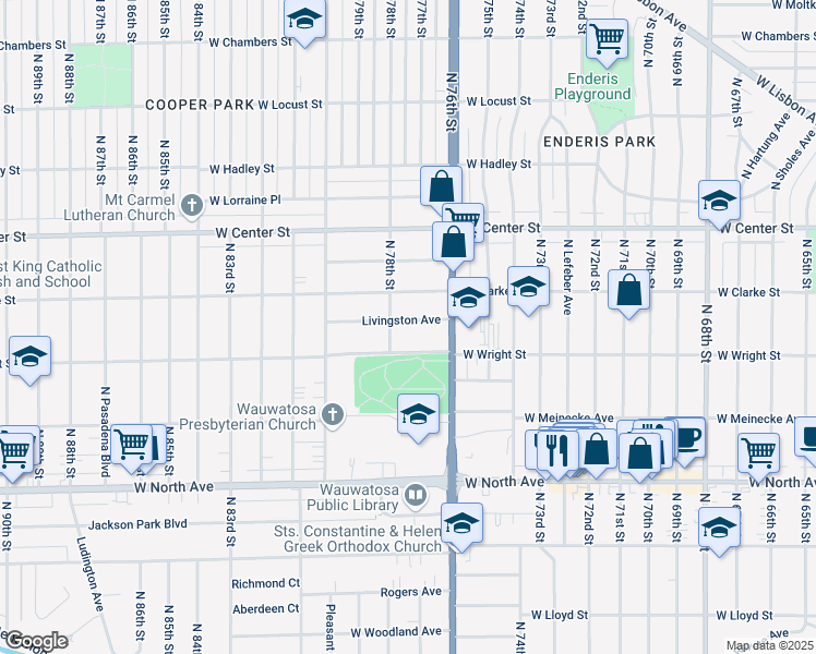 map of restaurants, bars, coffee shops, grocery stores, and more near 7721 Livingston Avenue in Wauwatosa