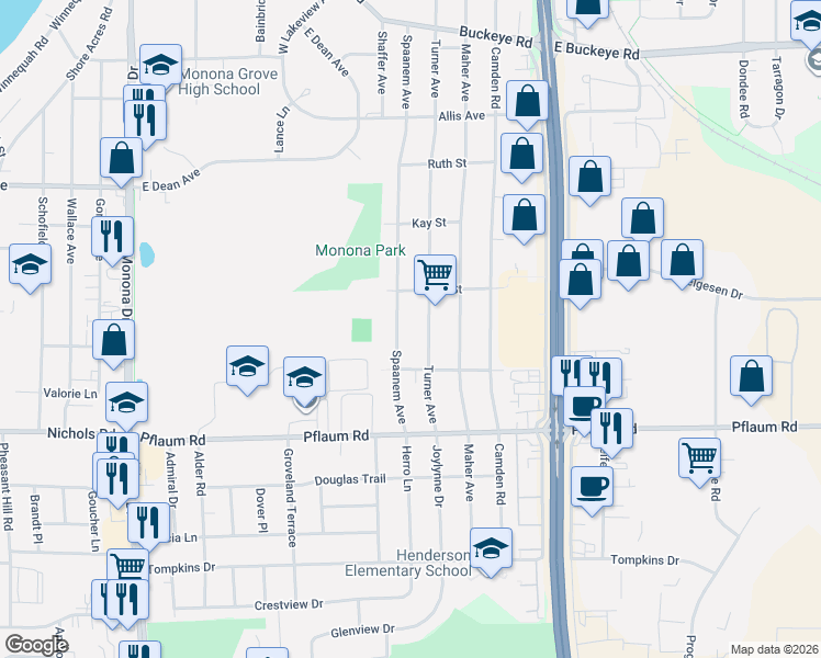 map of restaurants, bars, coffee shops, grocery stores, and more near 5121 Turner Avenue in Madison