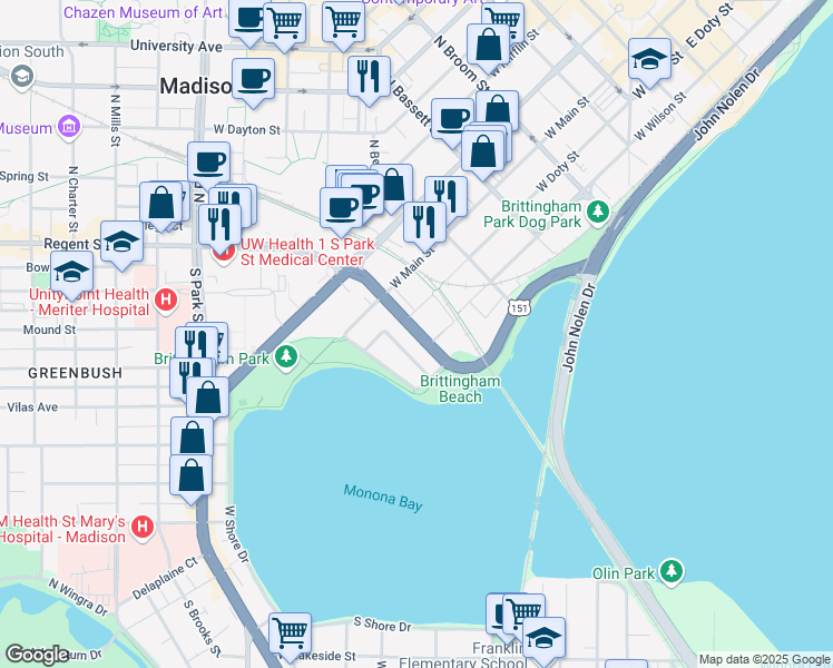 map of restaurants, bars, coffee shops, grocery stores, and more near 146 Proudfit Street in Madison