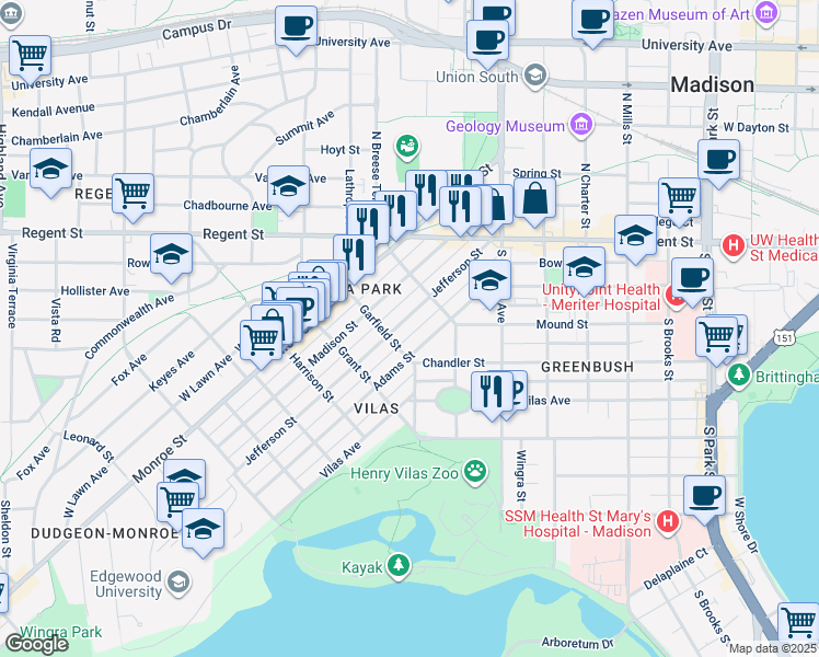 map of restaurants, bars, coffee shops, grocery stores, and more near 1620 Adams Street in Madison