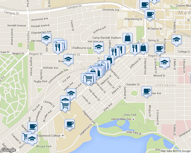 map of restaurants, bars, coffee shops, grocery stores, and more near 712 Harrison Street in Madison