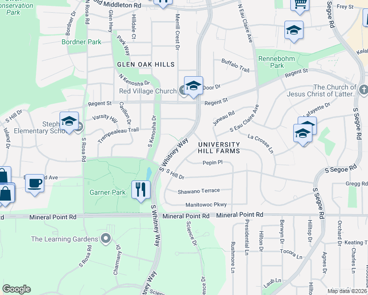 map of restaurants, bars, coffee shops, grocery stores, and more near 118 Marinette Trail in Madison