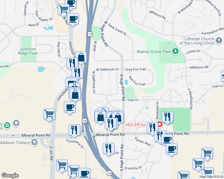 map of restaurants, bars, coffee shops, grocery stores, and more near 7866 East Oakbrook Circle in Madison
