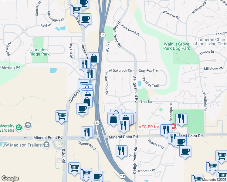 map of restaurants, bars, coffee shops, grocery stores, and more near 9 Sandy Court in Madison