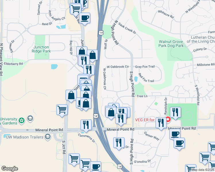 map of restaurants, bars, coffee shops, grocery stores, and more near 7953 West Oakbrook Circle in Madison
