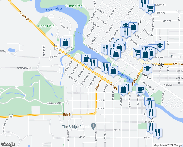 map of restaurants, bars, coffee shops, grocery stores, and more near 204 S Johnson St in Charles City