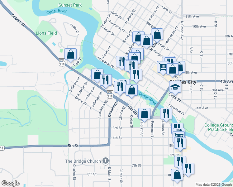 map of restaurants, bars, coffee shops, grocery stores, and more near 101 South Main Street in Charles City