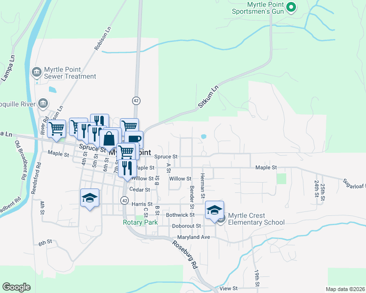 map of restaurants, bars, coffee shops, grocery stores, and more near 230 Bender Street in Myrtle Point