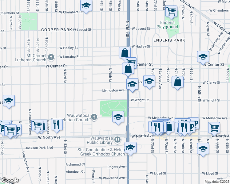 map of restaurants, bars, coffee shops, grocery stores, and more near 7721 Livingston Avenue in Wauwatosa