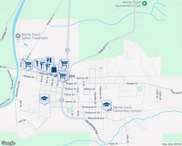 map of restaurants, bars, coffee shops, grocery stores, and more near 227 Border Street in Myrtle Point