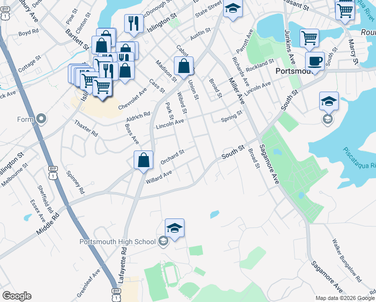 map of restaurants, bars, coffee shops, grocery stores, and more near 42 Orchard Street in Portsmouth