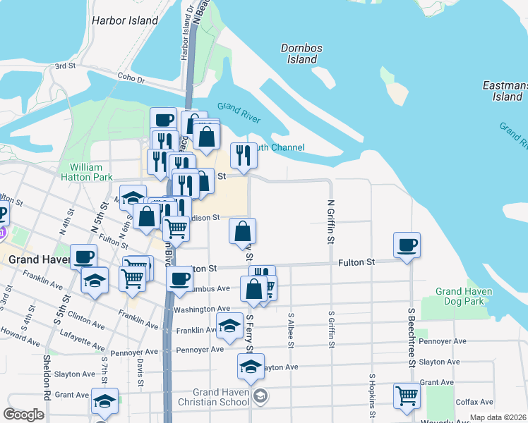 map of restaurants, bars, coffee shops, grocery stores, and more near 332 North Ferry Street in Grand Haven