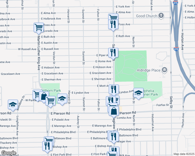 map of restaurants, bars, coffee shops, grocery stores, and more near 512 East Sherman Avenue in Flint