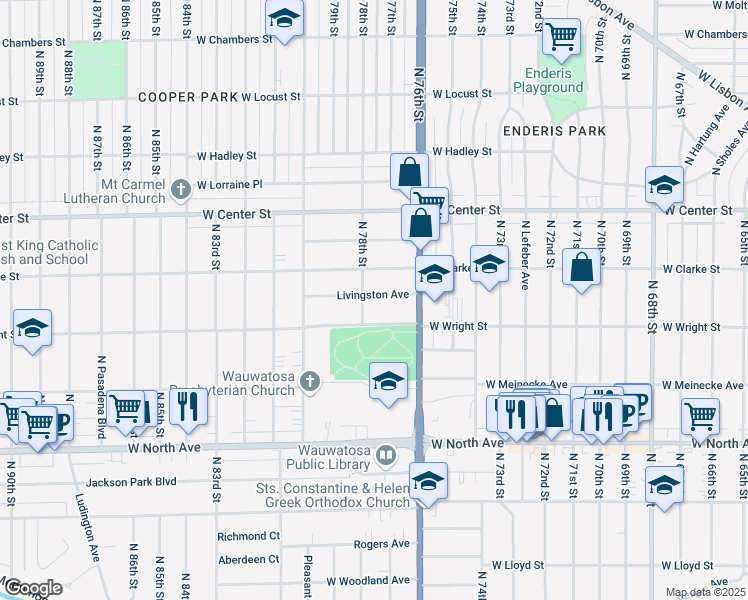 map of restaurants, bars, coffee shops, grocery stores, and more near 7721 Livingston Avenue in Wauwatosa