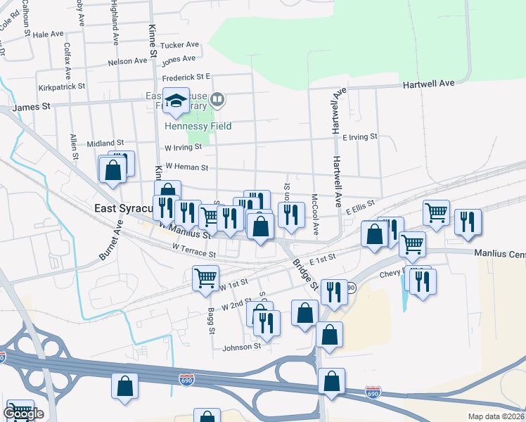 map of restaurants, bars, coffee shops, grocery stores, and more near 103 East Ellis Street in East Syracuse