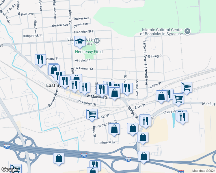 map of restaurants, bars, coffee shops, grocery stores, and more near 104 West Ellis Street in East Syracuse