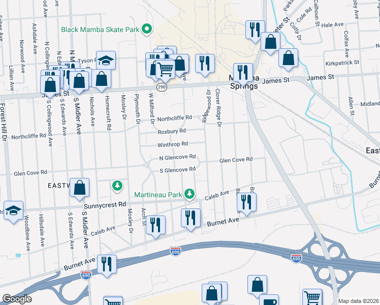 map of restaurants, bars, coffee shops, grocery stores, and more near 1251 North Glencove Road in Syracuse