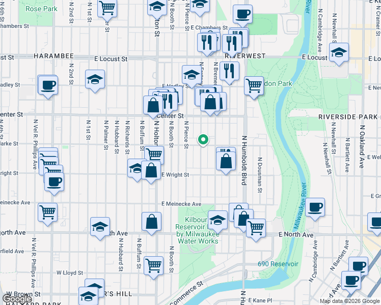 map of restaurants, bars, coffee shops, grocery stores, and more near 2551 North Pierce Street in Milwaukee
