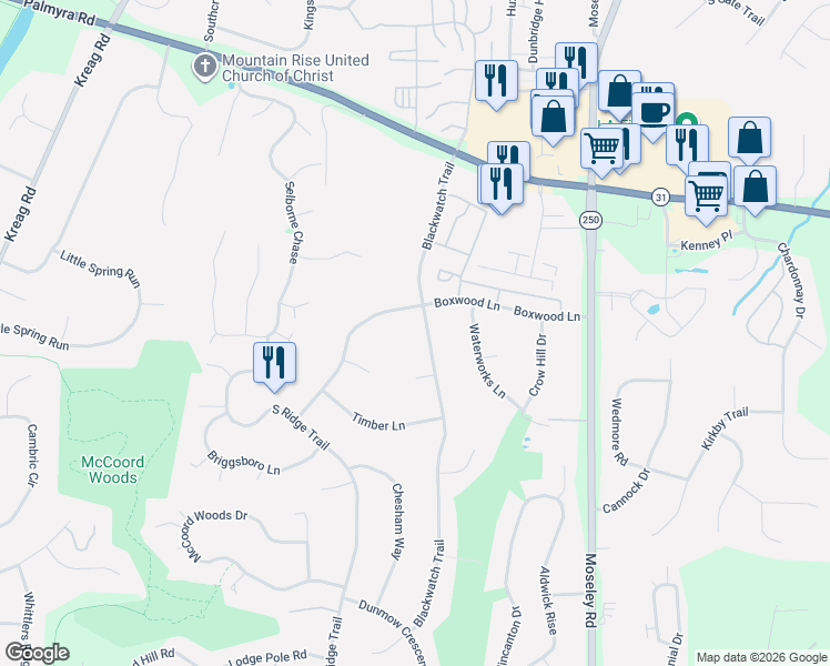 map of restaurants, bars, coffee shops, grocery stores, and more near 35 Blackwatch Trail in Fairport