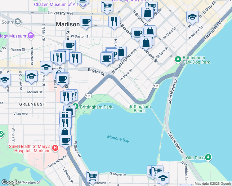 map of restaurants, bars, coffee shops, grocery stores, and more near 720 Clark Court in Madison