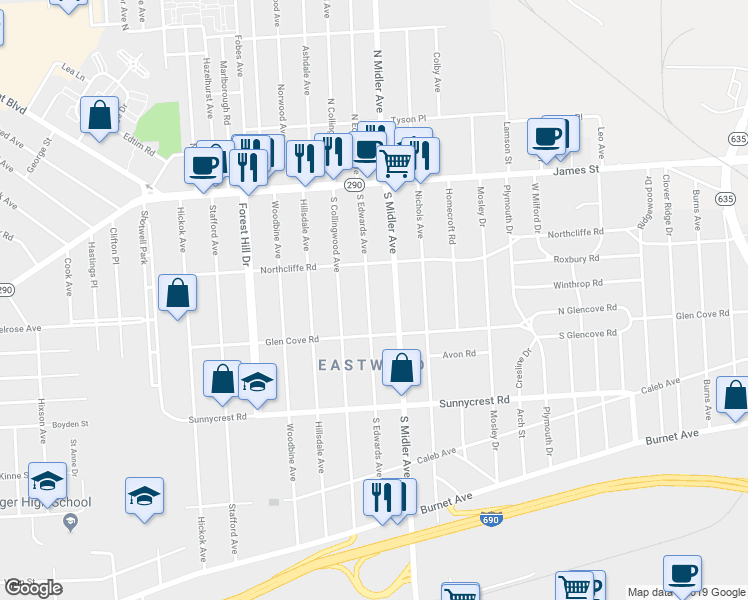 map of restaurants, bars, coffee shops, grocery stores, and more near 237 South Edwards Avenue in Syracuse