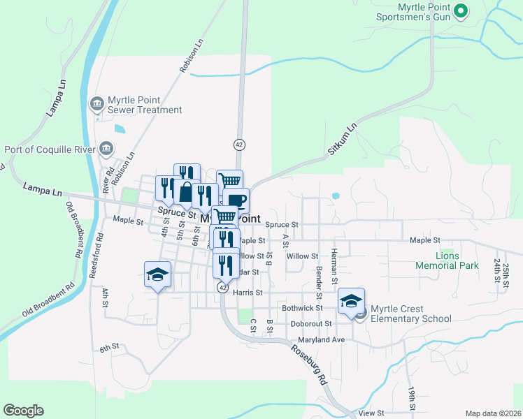 map of restaurants, bars, coffee shops, grocery stores, and more near 3 Spruce Drive in Myrtle Point