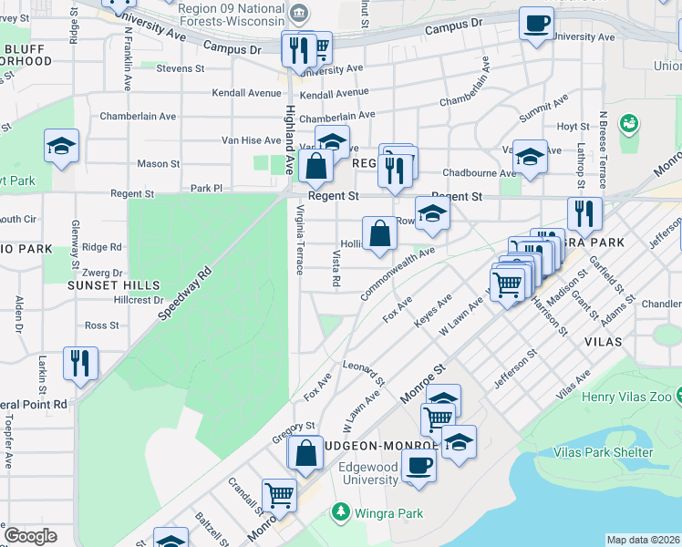 map of restaurants, bars, coffee shops, grocery stores, and more near 310 Vista Road in Madison
