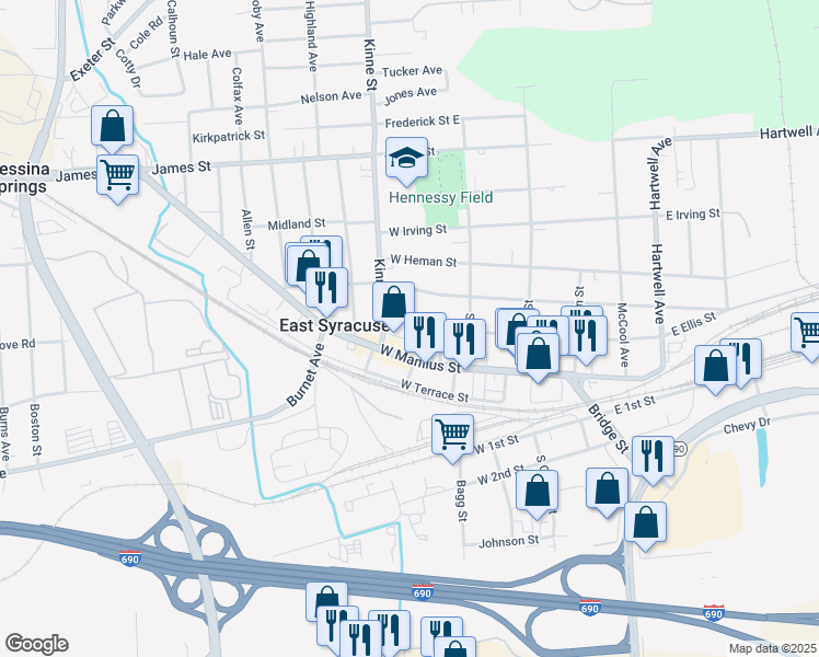 map of restaurants, bars, coffee shops, grocery stores, and more near 221 West Ellis Street in East Syracuse