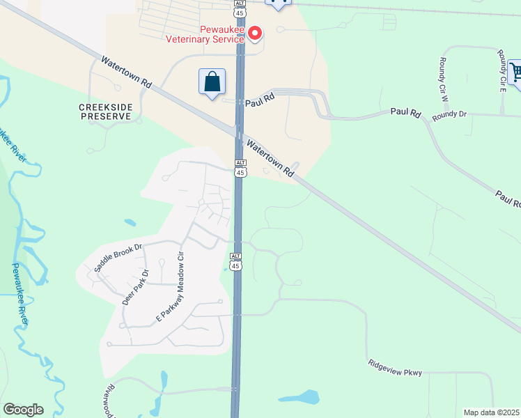 map of restaurants, bars, coffee shops, grocery stores, and more near W239N2540 Dahlia Boulevard in Waukesha