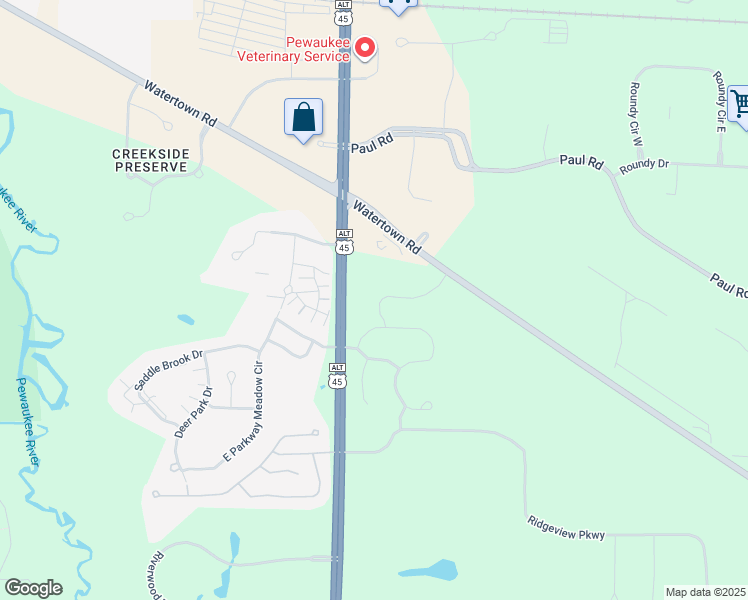 map of restaurants, bars, coffee shops, grocery stores, and more near W239N2540 Dahlia Boulevard in Waukesha