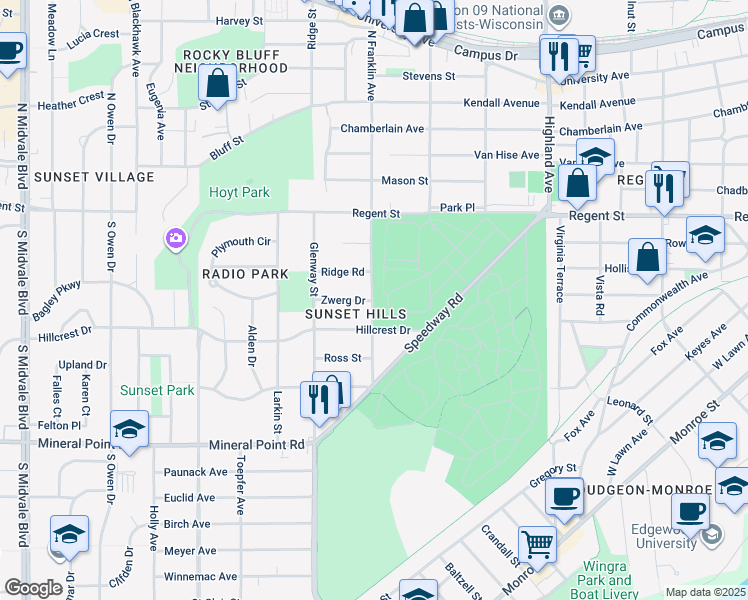 map of restaurants, bars, coffee shops, grocery stores, and more near 135 South Franklin Avenue in Madison