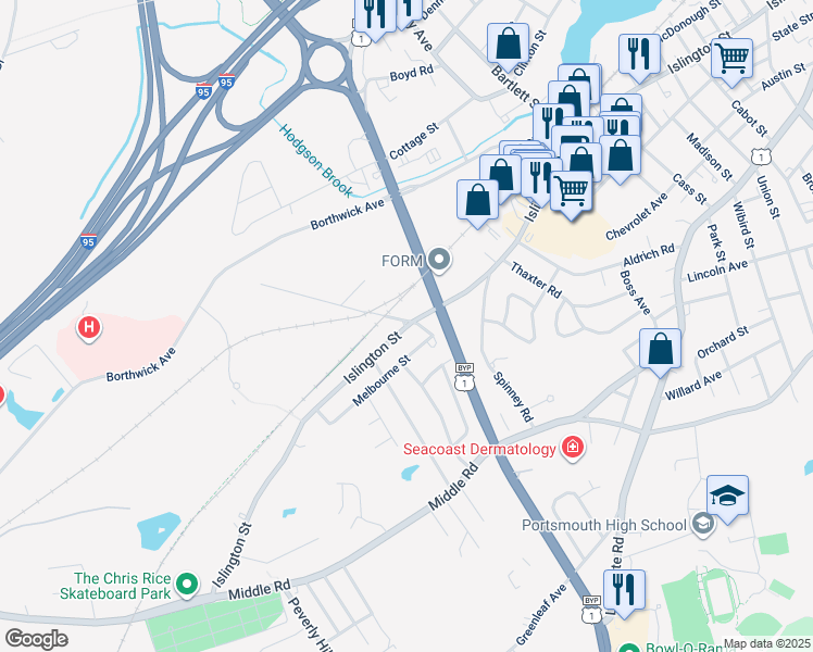 map of restaurants, bars, coffee shops, grocery stores, and more near 25 Melbourne Street in Portsmouth