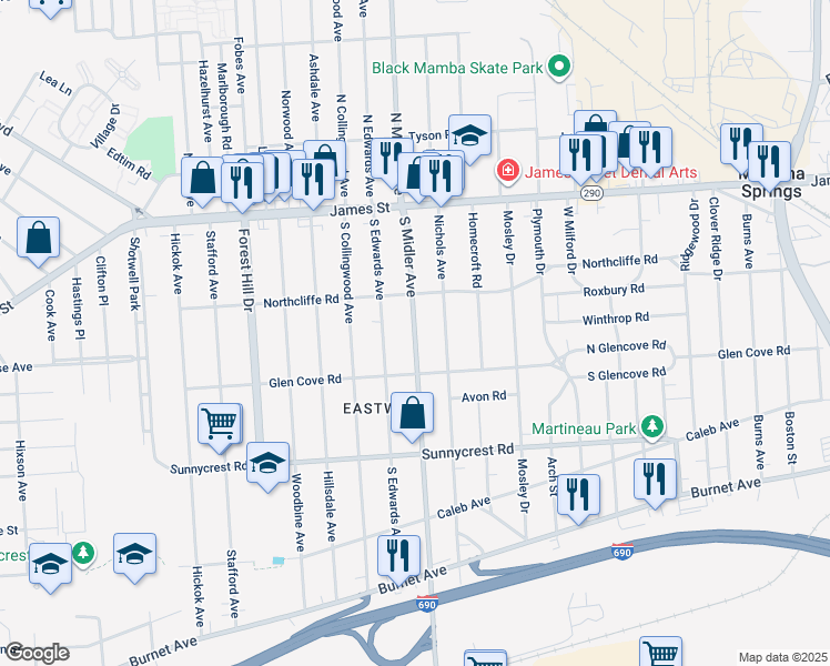 map of restaurants, bars, coffee shops, grocery stores, and more near 239 South Edwards Avenue in Syracuse