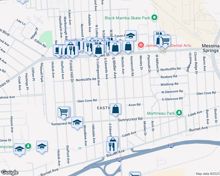 map of restaurants, bars, coffee shops, grocery stores, and more near 239 South Edwards Avenue in Syracuse