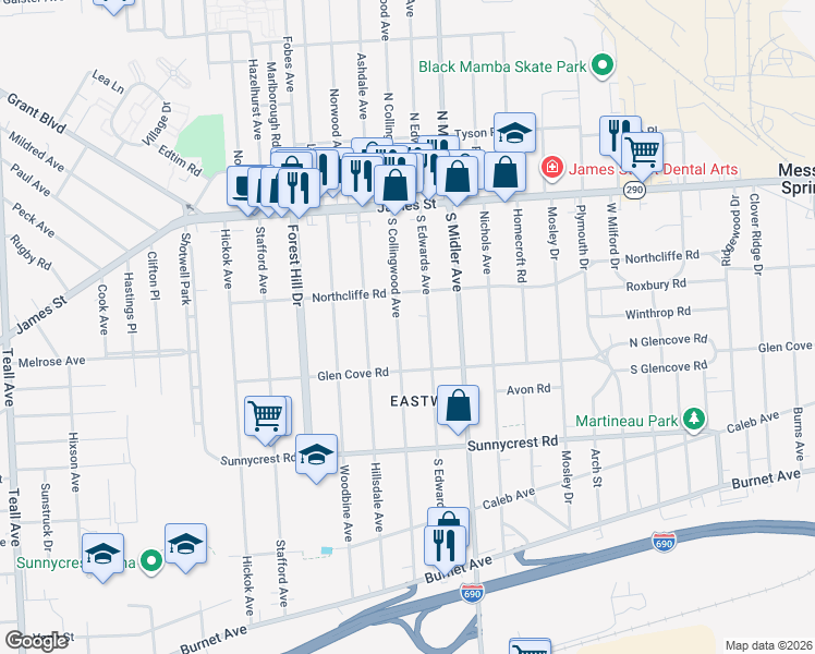 map of restaurants, bars, coffee shops, grocery stores, and more near 245 South Collingwood Avenue in Syracuse