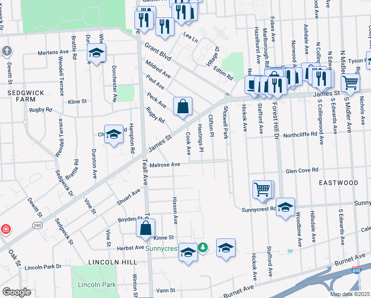 map of restaurants, bars, coffee shops, grocery stores, and more near 172 Cook Avenue in Syracuse