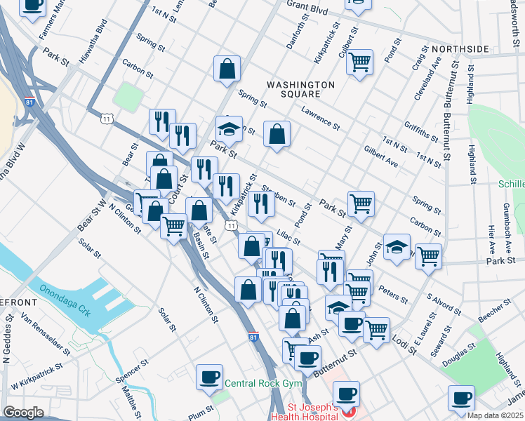map of restaurants, bars, coffee shops, grocery stores, and more near 256-58 Lilac Street in Syracuse