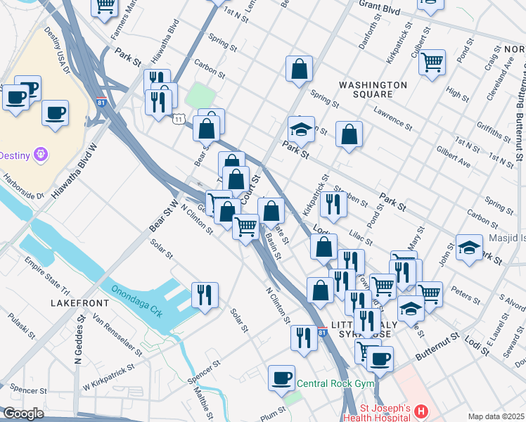 map of restaurants, bars, coffee shops, grocery stores, and more near 206 Sunset Avenue in Syracuse